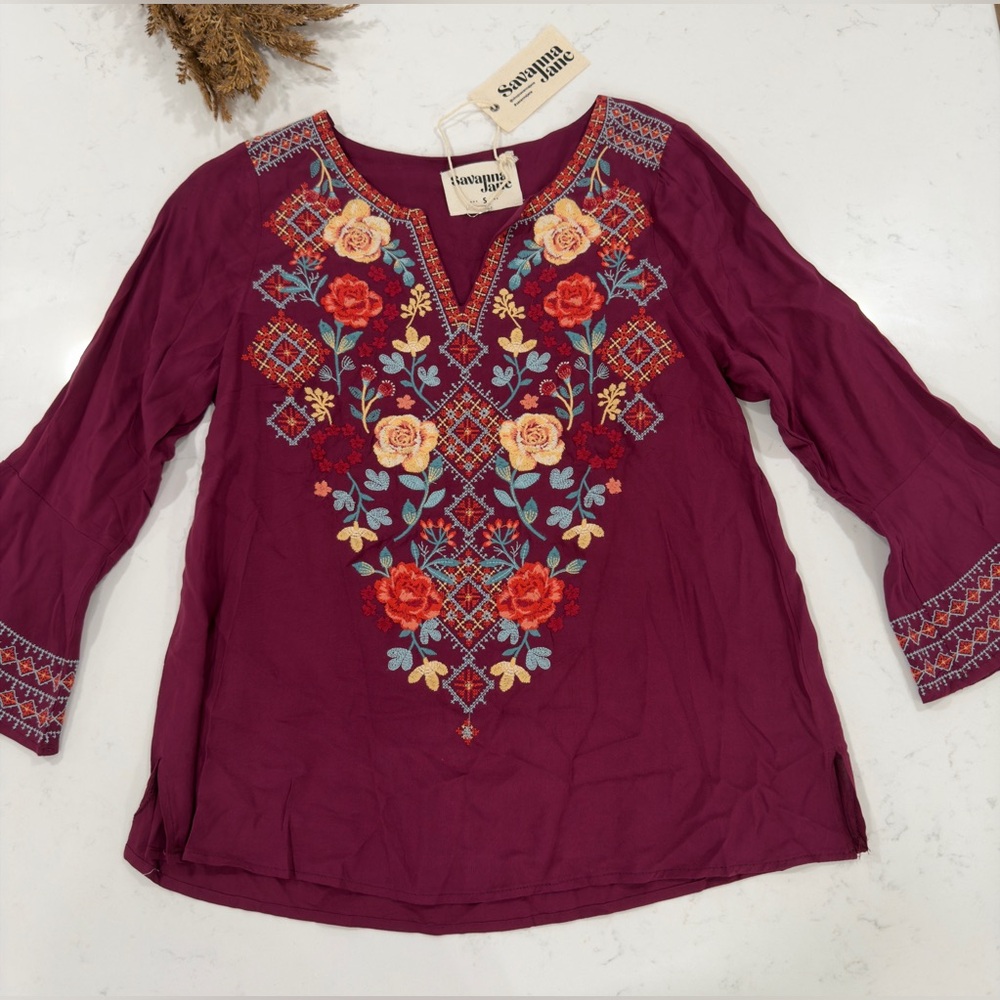 Savanna Jane Plum Embroidered Floral Top